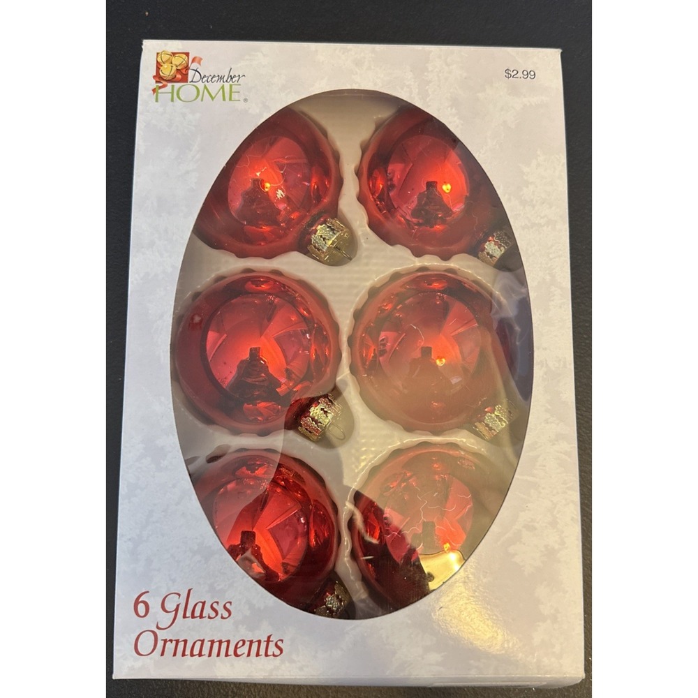 Vtg December Home 2 1/2" Glass Ornament Set Of 6 Gold Top Shiny Red Christmas